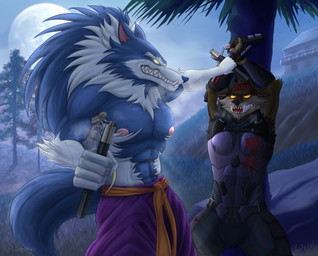 accessory anthro armor blue_body blush bodily_fluids bottomwear breath claws clothed clothing detailed_background duo full_moon fur glowing glowing_eyes hair headband headgear holidays light long_hair male male/male melee_weapon moon moonlight muscular muscular_male night nipples nunchaku outside pinned plant smile sweat tail teeth topwear tree weapon smeargle20 capcom darkstalkers epic_games fortnite halloween mythology dire_(fortnite) jon_talbain canid canine canis mammal mythological_canine mythological_creature werecanid werecanine werecreature werewolf wolf absurd_res digital_media_(artwork) hi_res