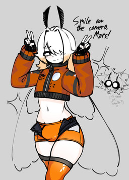 antennae_(anatomy) bodily_fluids bottomwear boxer_briefs briefs bulge clothed clothing crop_top femboy futuristic_clothing gesture gloves hair hand_gesture handwear heart_symbol highlights_(coloring) hotpants jacket legwear long_hair male midriff navel nervous nervous_smile nervous_sweat pose reaction_shot shirt shorts simple_background small_waist solo sweat sweatdrop text thick_thighs thigh_highs topwear underwear v_sign wings probablyavv mars_(probablyavv) animal_humanoid arthropod arthropod_humanoid humanoid insect insect_humanoid lepidopteran moth 2025 hi_res