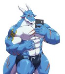 anthro biceps blue_body born bulge claws clothing electronics eye_scar facial_scar holding_object holding_phone looking_at_viewer male muscular muscular_anthro muscular_male pecs phone scar simple_eyes solo speedo swimwear tail jumperbear mythology dragon mythological_creature mythological_scalie scalie absurd_res hi_res