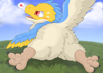 3_toes ambiguous_gender black_claws blue_body blue_feathers blue_wings blush butt claws cloud countershading day feathered_wings feathers featureless_crotch feet feral fluffy fur grass heart_symbol looking_back lying multicolored_body multicolored_feathers multicolored_wings narrowed_eyes on_front open_mouth outside pink_eyes plant presenting presenting_hindquarters raised_tail rear_view red_eyes scales sky solo speech_bubble spread_legs spreading tail tail_feathers talons tan_body teeth toe_claws toes tongue two_tone_body white_body white_feathers wings yellow_body yellow_feathers yellow_feet yellow_scales yellow_wings fusau dinosaur dromaeosaurid feathered_dinosaur feathered_scalie prehistoric_species reptile saurischian scalie theropod 2022 absurd_res hi_res
