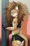 anthro athletic athletic_anthro athletic_female bicep_curl biceps blue_eyes bottomwear brown_hair bubble_butt butt clothing crop_top dolphin_shorts dumbbell exercise felid female fur green_nose hair lion long_hair looking_aside looking_at_viewer mammal multicolored_body multicolored_fur pantherine portrait rainter13 shirt shorts side_view solo tan_body tan_fur three-quarter_portrait topwear weights