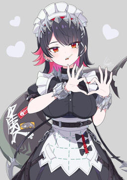 5_fingers black_clothing black_dress clothed clothed_female clothed_humanoid clothing dress female fingers fully_clothed fully_clothed_female fully_clothed_humanoid gesture heart_gesture light_body light_skin lollipop_in_mouth maid_headdress maid_uniform red_eyes shark_tail simple_background solo uniform kamuraaa_615 mihoyo zenless_zone_zero ellen_joe animal_humanoid aquatic aquatic_humanoid fish fish_humanoid humanoid shark_humanoid thiren 2026 hi_res
