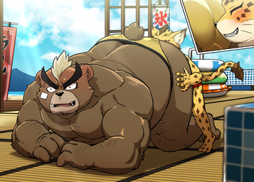 anthro belly biceps big_butt blush body_worship butt butt_worship clothing duo embarrassed kemono male male/male musclegut muscular overweight overweight_anthro overweight_male pecs size_difference smaller_anthro smaller_male speedo swimwear young young_anthro young_male ssu_open lifewonders tokyo_afterschool_summoners ashigara_(tas) ose_(tas) bear felid leopard mammal pantherine absurd_res hi_res