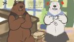 anthro bottomless clothed clothing duo eyewear goggles male midriff overweight surprise text topwear vest dakota-bear shirokuma_cafe grizzly_(shirokuma_cafe) shirokuma bear mammal polar_bear ursine english_text