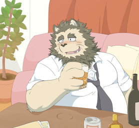 alcohol anthro beer beverage blush brown_body brown_fur clothing detailed_background drunk fur humanoid_hands inside kemono male necktie one_eye_closed overweight overweight_anthro overweight_male shirt sitting solo substance_intoxication topwear wink tora_oekaki felid lion mammal pantherine 2021 hi_res