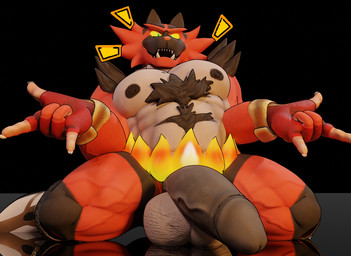 abs anthro balls balls_on_ground big_balls big_penis black_body black_fur fur genitals grey_body grey_fur half-erect huge_penis kneeling looking_at_viewer male pecs penis pose red_body red_fur solo anaroth nintendo pokemon felid feline generation_7_pokemon incineroar mammal pokemon_(species) 3d_(artwork) digital_media_(artwork) hi_res