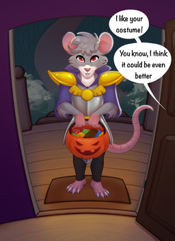 anthro clothed clothing costume fur grey_body grey_fur grey_hair hair halloween_bucket halloween_costume halloween_themed holidays male rat_tail solo speech_bubble tail text transformation transformation_sequence white_body white_fur sjevi halloween mammal murid murine rat rodent digital_drawing_(artwork) digital_media_(artwork) english_text hi_res
