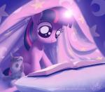 2014 bedding blanket book equid equine female feral friendship_is_magic fur glowing hair hasbro horn joellethenose light mammal moon multicolored_hair my_little_pony mythological_creature mythological_equine mythology purple_body purple_eyes purple_fur purple_hair reading smartypants_(mlp) solo star twilight_sparkle_(mlp) two_tone_hair unicorn young