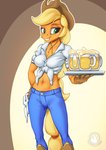 anthro boots bottomwear breasts cider clothing cowboy_boots cowboy_hat female footwear freckles froth gloves handwear hat headgear headwear pants shoes small_breasts smile solo tray mysticalpha friendship_is_magic hasbro my_little_pony applejack_(mlp) earth_pony equid equine horse mammal pony 2020 hi_res