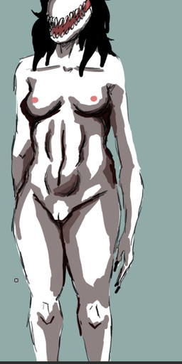 anthro black_hair breasts eyeless female genitals hair nipples not_furry nude open_mouth simple_background solo teeth teratophilia thick_thighs vulva wide_hips rogerfucksmonsters samantha_(rogerfucksmonsters) humanoid mammal monster monstrous_humanoid digital_drawing_(artwork) digital_media_(artwork) sketch