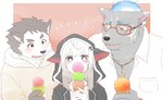 anthro blonde_hair blush clothing dessert dress_shirt eating eyewear female food glasses group hair hood hoodie ice_cream jewelry male necklace shirt topwear trio one_konta1123 lifewonders live_a_hero dog_operator furlong_(live_a_hero) melide protagonist_(live_a_hero) canid canine canis domestic_dog human hyena mammal hi_res