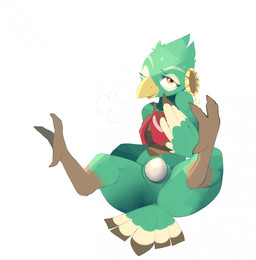 animal_genitalia anthro avian_feet beak bird_legs bodily_fluids bottomless breasts breath brown_clothing brown_shirt brown_topwear cloaca cloacal cloacal_penetration clothed clothing egg egg_insertion eyelashes feather_hands feathers female front_view genitals green_body green_feathers iris looking_at_viewer lying medium_breasts non-mammal_breasts on_back one_eye_closed open_mouth oviposition penetration pupils reclining scutes shirt simple_background smile solo sweat tail tail_feathers thin_eyebrows tight_fit topwear white_background yellow_beak yellow_eyes b-epon breath_of_the_wild nintendo the_legend_of_zelda amali_(tloz) avian bird rito 2020 digital_media_(artwork) full-length_portrait hi_res portrait