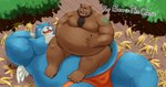 anthro banana belly black_nose blue_body blue_fur bottomwear brown_body brown_fur bulge clothing detailed_background duo eyes_closed food fruit fur humanoid_hands kemono lying male moobs obese obese_male overweight overweight_male plant shorts sitting wings iwano nintendo oracle_of_ages oracle_of_seasons the_legend_of_zelda moosh bear mammal 2021