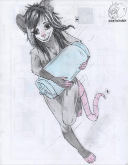 anthro black_body black_eyes black_fur black_hair female fur grey_body grey_fur hair pink_body pink_nose solo white_body white_fur allartskye kia_(allartskye) american_opossum mammal marsupial hi_res meme traditional_media_(artwork)