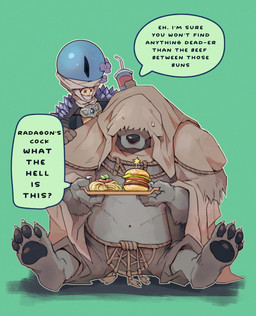 anthro belly burger duo food fur grey_body grey_fur hood humor male overweight pawpads paws text eruprior elden_ring fromsoftware gurranq_(elden_ring) tarnished_(elden_ring) canid canine canis mammal wolf absurd_res english_text hi_res