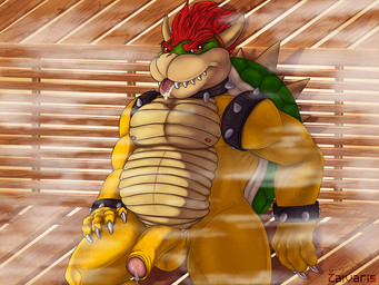 anthro armband balls belly bench big_belly big_muscles big_penis bodily_fluids bracelet claws collar detailed_background erection eyebrows foreskin genital_fluids genitals glans hair horn humanoid_genitalia humanoid_penis jewelry looking_at_viewer male musclegut muscular navel nipples non-mammal_balls non-mammal_nipples nude on_bench overweight pecs penis precum red_eyes red_hair saliva saliva_on_tongue sauna sauna_bench scales shell sitting sitting_on_bench smile solo solo_focus spiked_armband spiked_bracelet spiked_collar spiked_shell spikes spikes_(anatomy) steam sweat sweatdrop sweaty_body teeth tongue tongue_out yellow_body zalvaris mario_bros mythology nintendo bowser dragon koopa mythological_creature mythological_scalie scalie