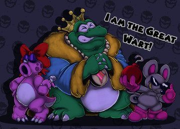 accessory anthro bow_ribbon clothed clothing crown eyewear female group hair_accessory hair_bow hair_ribbon headgear jewelry looking_at_viewer male necklace one_eye_closed ribbons ring sunglasses text trio wink winking_at_viewer ronurahoney mario_bros nintendo mouser wart_(mario) amphibian birdo frog mammal rodent english_text