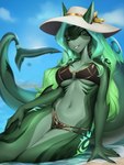 anthro beach bikini black_bikini black_clothing black_sclera black_swimwear blue_hair breasts clothing ear_piercing female fin gills green_body green_eyes green_hair hair hand_on_ground hand_on_leg hand_on_thigh hat headgear headwear looking_at_viewer markings midriff navel non-mammal_breasts piercing sitting sitting_in_water smile smirk solo summer summer_hat swimwear thighs_up two-piece_swimsuit under_boob shermugi aurora_(kamikazekit) fish marine shark absurd_res hi_res