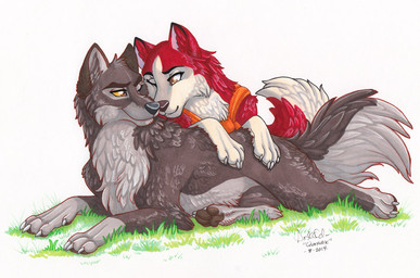 black_nose brown_body brown_fur brown_tail canon_couple clothing duo eyebrows female feral fur grass inner_ear_fluff kerchief male male/female plant quadruped red_body red_fur red_tail romantic romantic_couple smile tail tuft year quaylak balto_(series) universal_studios balto jenna_(balto) canid canine canis domestic_dog husky hybrid mammal nordic_sled_dog spitz wolf wolfdog 2014 full-length_portrait portrait signature