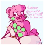 anthro balls border dialogue duo erection fangs female flicking_penis genitals humanoid_genitalia humanoid_penis humiliation male nude open_mouth penis penis_flick penis_humiliation pink_body pink_nose pubes simple_background tail teeth tongue whiskers white_border porbol barry_(porbol) bear goo_creature mammal nonbinary_(lore)