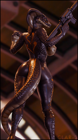 anthro assault_rifle back_boob back_markings big_breasts black_body black_border black_scales blurred_background border breasts butt claws female gun holding_gun holding_object holding_ranged_weapon holding_rifle holding_weapon looking_at_viewer looking_back looking_back_at_viewer looking_down looking_down_at_viewer low-angle_view markings nipples non-mammal_breasts non-mammal_nipples nude nude_anthro nude_female pupils ranged_weapon rear_view rifle scales slit_pupils solo tail weapon wide_hipped_anthro wide_hipped_female wide_hips yellow_eyes thenicedragon petruz_(modeler) cobra_(petruz) cobra reptile scalie snake 3d_(artwork) 9:16 digital_media_(artwork) hi_res watermark
