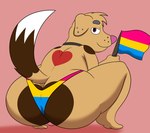 anthro big_butt blue_clothing blue_thong blue_underwear brown_body brown_ears brown_eyes brown_fur brown_hair brown_tail butt clothing crouching flag flag_(object) fur hair half-closed_eyes heart_(marking) heart_symbol holding_flag holding_object huge_butt lgbt_pride looking_at_viewer looking_back male markings multicolored_body multicolored_clothing multicolored_ears multicolored_fur multicolored_tail multicolored_thong multicolored_underwear narrowed_eyes pansexual_pride_colors pink_background pink_clothing pink_nose pink_thong pink_underwear pride_colors rear_view red_body red_fur simple_background smile solo tail thick_thighs thong three-quarter_view two_tone_ears underwear white_tail yellow_clothing yellow_thong yellow_underwear colossalstars lgbt_pride_month canid canine canis domestic_dog mammal 2024 absurd_res digital_media_(artwork) hi_res