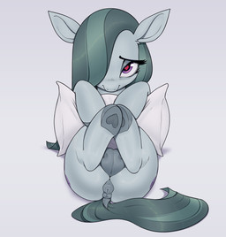 animal_genitalia animal_vulva anus butt cutie_mark dock_(anatomy) equine_anus equine_genitalia equine_vulva eyelashes female feral genitals grey_body grey_hair grey_tail hair hair_over_eye hooves long_hair looking_at_viewer lying nipples on_back pillow purple_eyes quadruped solo tail teats vulva aquaticvibes friendship_is_magic hasbro my_little_pony marble_pie_(mlp) earth_pony equid equine horse mammal pony hi_res