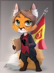 anthro black_clothing black_topwear chibi clothed clothing dual_holding electronics eyebrows finial flag flag_(object) flagpole folder fur hair holding_object inner_ear_fluff looking_at_viewer male orange_body orange_fur phone red_clothing red_topwear simple_background solo standing topwear tuft white_body white_fur kaurimoon erwin_wolz canid canine canis fox mammal red_fox true_fox 2021 digital_drawing_(artwork) digital_media_(artwork) full-length_portrait hi_res portrait