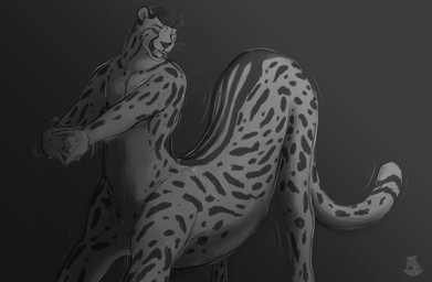 anthro_taur hair looking_at_viewer male nude smile solo stretching whiskers nolow nolow_(character) cheetah felid feline mammal taur 2022 hi_res monochrome