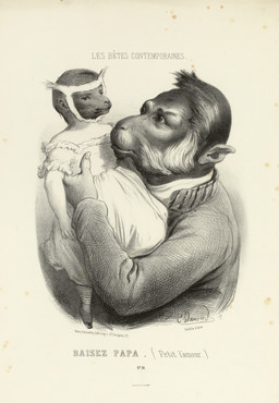 clothed clothing dress duo female for_a_head hair holding_another looking_at_another male mutton_chops neonate text young edmond_hedouin animal_head animal_humanoid haplorhine humanoid mammal monkey primate 1858 19th_century absurd_res ancient_art french_text greyscale hi_res monochrome daughter_(lore) father_(lore) father_and_child_(lore) father_and_daughter_(lore) parent_(lore) parent_and_child_(lore) parent_and_daughter_(lore)