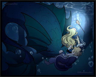 alternate_species apode barefoot biped black_border blank_expression blonde_hair blue_clothing blue_coat blue_topwear border bottomwear breasts bubble clothed clothing coat dorsal_crest duo eye_contact feet female female/female fin fish_tail floating floating_object flowing_hair glowing_object green_eyes hair hand_in_hair holding_another humanoid_pointy_ears legless light_body light_skin long_hair looking_at_another lying magic_staff nude on_back open_clothing open_coat open_topwear pants plantigrade pointy_ears raised_arm sea short_hair side_view silhouette smile split_form staff straight_hair teal_body teal_scales tiny_upper_body topwear touching_hair underwater water water_surface white_bottomwear white_clothing white_pants ghostatservice delicious_in_dungeon falin_touden marcille_donato aquatic elf human humanoid_taur hybrid mammal merfolk taur 2024 cel_shading digital_media_(artwork) digital_painting_(artwork) hi_res painting_(artwork) shaded watermark