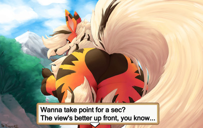 big_butt black_nose butt butt_focus day dialogue_box feral looking_at_viewer looking_back looking_back_at_viewer male mountain open_mouth orange_body orange_eyes outside raised_tail sharp_teeth smile solo tail teeth text thick_thighs raster_dreams nintendo pokemon arlean_(raster_dreams) arcanine generation_1_pokemon pokemon_(species) 2026 digital_drawing_(artwork) digital_media_(artwork) english_text hi_res signature