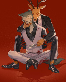 anthro bdsm blood bodily_fluids bound clothing cutlery dominant duo fork hand_on_face hands_behind_back hands_tied kitchen_utensils knife male male/male necktie rope sitting size_difference submissive submissive_male suit tears tools akumey033 beastars legoshi_(beastars) louis_(beastars) canid canine canis cervine deer mammal red_deer wolf hi_res