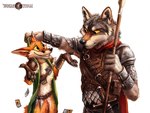 4_fingers anthro armor bottomless brown_body brown_fur card clothed clothing duo eye_contact fingers fluffy fur gesture grin holding_object holding_weapon looking_at_another male melee_weapon orange_body orange_fur polearm shrug simple_background smile spear sword weapon white_background kenket tangletorn trell canid canine canis fox mammal wolf 2019 painting_(artwork) traditional_media_(artwork)