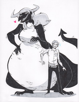 belly big_belly black_body breasts clothing duo female hair hand_on_belly heart_symbol horn larger_female male overweight simple_background size_difference smaller_male white_background white_belly d._e._belton matilda_(step-monster) human mammal monster 2015 monochrome