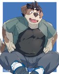 anthro black_hair black_nose bottomwear brown_body clothing hair kemono male pants shirt simple_background sitting slightly_chubby solo topwear train_(artist) canid canine canis domestic_dog mammal 2023 hi_res