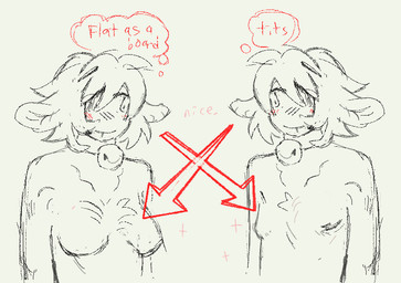 anthro bell bell_collar blush breast_size_difference breasts collar collar_only directional_arrow duo exposed_breasts featureless_breasts female looking_at_breasts medium_breasts nude small_breasts sparkles thought_bubble hoofcoochie bovid caprine mammal sheep 2026 sketch