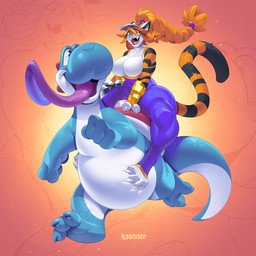 anthro belly belly_press belly_squish big_breasts big_tongue blue_body breasts curvy_figure duo female green_eyes hair happy huge_breasts huge_thighs low-angle_view muscular muscular_anthro muscular_female open_mouth orange_hair riding running simple_background slightly_chubby smile squish thick_thighs tongue tongue_out wide_hips kyander mario_bros nintendo sascha_(hypnofood) yoshi_(character) blue_yoshi felid mammal pantherine tiger yoshi 1:1