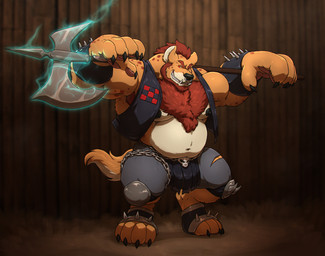 4_toes 5_fingers axe beard belly big_muscles big_nipples black_nipples black_nose body_hair brown_body brown_fur brown_hair chain chest_hair clothing digitigrade eyebrows facial_hair feet fingers fur grin hair huge_muscles looking_at_viewer male markings melee_weapon musclegut muscular muscular_male nipples red_eyes smile solo spots spotted_body spotted_fur standing thick_eyebrows toes topwear vest weapon grisser gnoll hyena mammal 2019 absurd_res hi_res