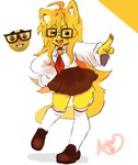 anthro clothed clothing eyewear female freckles fur gesture glasses hair hand_gesture looking_at_viewer open_mouth pointing pointing_at_viewer simple_background smile solo tail text topwear white_background furbait_(artist) domestic_cat felid feline felis mammal absurd_res digital_media_(artwork) hi_res