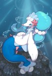 blue_body blue_eyes blue_hair detailed_background eyelashes female feral gem hair light light_beam long_hair navel open_mouth pearl_(gem) solo starfish_(accessory) sunbeam sunlight underwater water white_body white_eyelashes xmu nintendo pokemon asterozoan echinoderm generation_7_pokemon marine pokemon_(species) primarina starfish hi_res