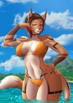 anthro beach big_breasts big_butt breasts butt claws clothing female hair mountain palms paws pose red_eyes red_hair sea seaside sky smile solo summer swimwear tattoo water zanzagen ashley_(mutagen) caracal caracal_(genus) felid feline mammal absurd_res hi_res pinup