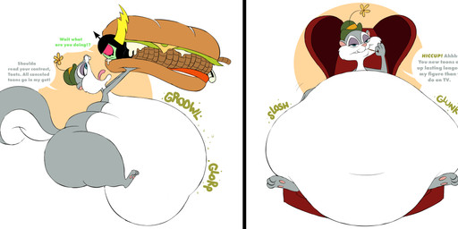 anthro before_and_after belly big_belly big_butt bound butt chair clothing digestion digestion_noises duo female food food_fetish food_play furniture hat headgear headwear huge_belly huge_butt rumbling_stomach sandwich_(food) simple_background speech_bubble talking_to_prey thick_thighs toothpick weight_gain white_background spaghettiz animaniacs disney wander_over_yonder warner_brothers lord_dominator slappy_squirrel humanoid mammal rodent sciurid tree_squirrel absurd_res crossover hi_res