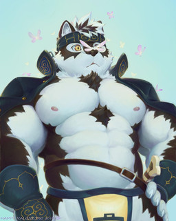 anthro claws coat_cape male muscular muscular_anthro muscular_male nipples solo mist_cats lifewonders tokyo_afterschool_summoners horkeu_kamui_(tas) ambient_arthropod ambient_butterfly ambient_insect canid canine canis mammal wolf 2019 4:5 colored signature