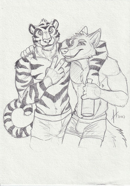 anthro arm_around_neck athletic athletic_anthro athletic_male bottle bulge cheek_tuft clothed clothing container duo facial_tuft front_view gesture glistening glistening_eyes grin hand_gesture head_tuft holding_bottle holding_container holding_object male male_anthro markings simple_background smile standing striped_arms striped_markings striped_tail stripes tail tail_markings topless tuft v_sign hufnaar canid canine felid mammal pantherine tiger absurd_res hi_res monochrome sketch