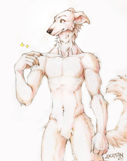 anthro black_nose cheek_tuft crotch_tuft ears_back facial_tuft featureless_crotch front_view fur male mouth_closed navel neck_tuft nude pivoted_ears simple_background solo sparkles standing tan_body tan_fur tuft white_background yellow_eyes akatan_art borzoi canid canine canis domestic_dog hunting_dog mammal sighthound 2023 dated hi_res portrait three-quarter_portrait traditional_media_(artwork)
