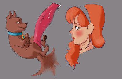 adult_on_young age_difference animal_genitalia animal_penis bestiality big_penis black_eyes blush bodily_fluids brown_body brown_ears brown_eyes brown_fur brown_nose brown_pawpads canine_genitalia canine_penis claws collar collar_tag dewclaw digitigrade duo erection eye_contact eyebrows female female_human feral feralized fur genital_fluids genitals grey_background grey_claws grey_hairband hair huge_penis human_on_feral hyper hyper_genitalia hyper_penis interspecies lips long_hair looking_at_another looking_at_genitalia looking_at_penis male male/female male_feral mouth_closed older_female older_human orange_eyebrows orange_hair pawpads penis pink_penis precum quadruped red_lips simple_background small_but_hung snout teal_collar vein veiny_penis young young_but_hung young_feral young_male younger_feral younger_male artboi_in_hell hanna-barbera scooby-doo_(series) daphne_blake scrappy-doo canid canine canis domestic_dog great_dane human mammal mastiff molosser 2025 hi_res