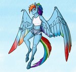 2019 akweer athletic athletic_female athletic_wear blue_body blue_fur bottomwear breasts claws clothing feathered_wings feathers feet female friendship_is_magic fur hair hasbro hi_res hooves multicolored_hair multicolored_tail my_little_pony ponytail rainbow_dash_(mlp) rainbow_hair rainbow_tail rainbow_wings red_eyes shorts solo tail talons toes wing_claws wings