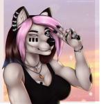 5_fingers anthro athletic athletic_anthro athletic_female blue_eyes breasts brown_hair clothed clothing ear_piercing female fingers hair one_eye_closed piercing shirt smile solo tank_top topwear padjetxharrington gorsha_(character) canid canine canis mammal wolf digital_media_(artwork) hi_res