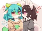 anthro big_ears black_hair blue_hair blush breasts brown_hair clothed clothing duo eating feathered_wings feathers female female/female food fur green_body green_fur hair half-closed_eyes heart_symbol horn kemono multicolored_body multicolored_fur narrowed_eyes object_in_mouth pocky_game purple_eyes red_eyes shirt simple_background sweater teal_hair topwear two_tone_body two_tone_fur white_body white_fur wings eigetsu mythology pocky pocky_and_pretz_day canid canine dragon furred_dragon furred_scalie mammal mythological_creature mythological_scalie scalie half-length_portrait pictographics portrait